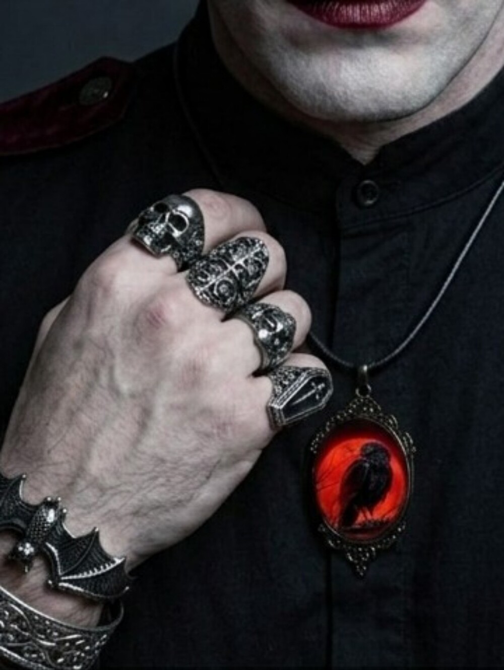 Gothic Crow Red Moon Cameo Style Black‎ Pendant Necklace
